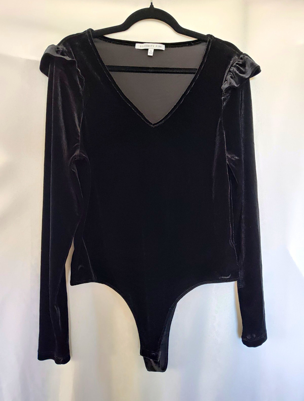 Celebrity Pink Black Velvet V-Neck Long Sleeve Ruffle Stretch Bodysuit XL